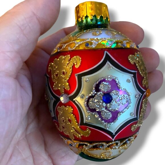 Set Of 2 Dept 56 Hand Painted Glass Egg Christmas Ornaments Glitter & Jewel - Picture 2 of 7